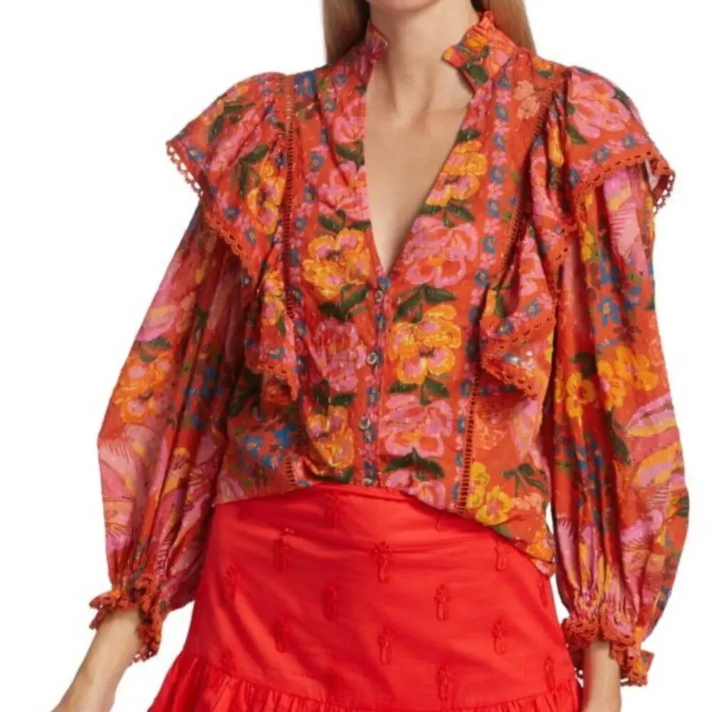 Farm Rio Bananas Ruffle Clip Dot Textured Cotton Blouse RED Puff Sleeve XS